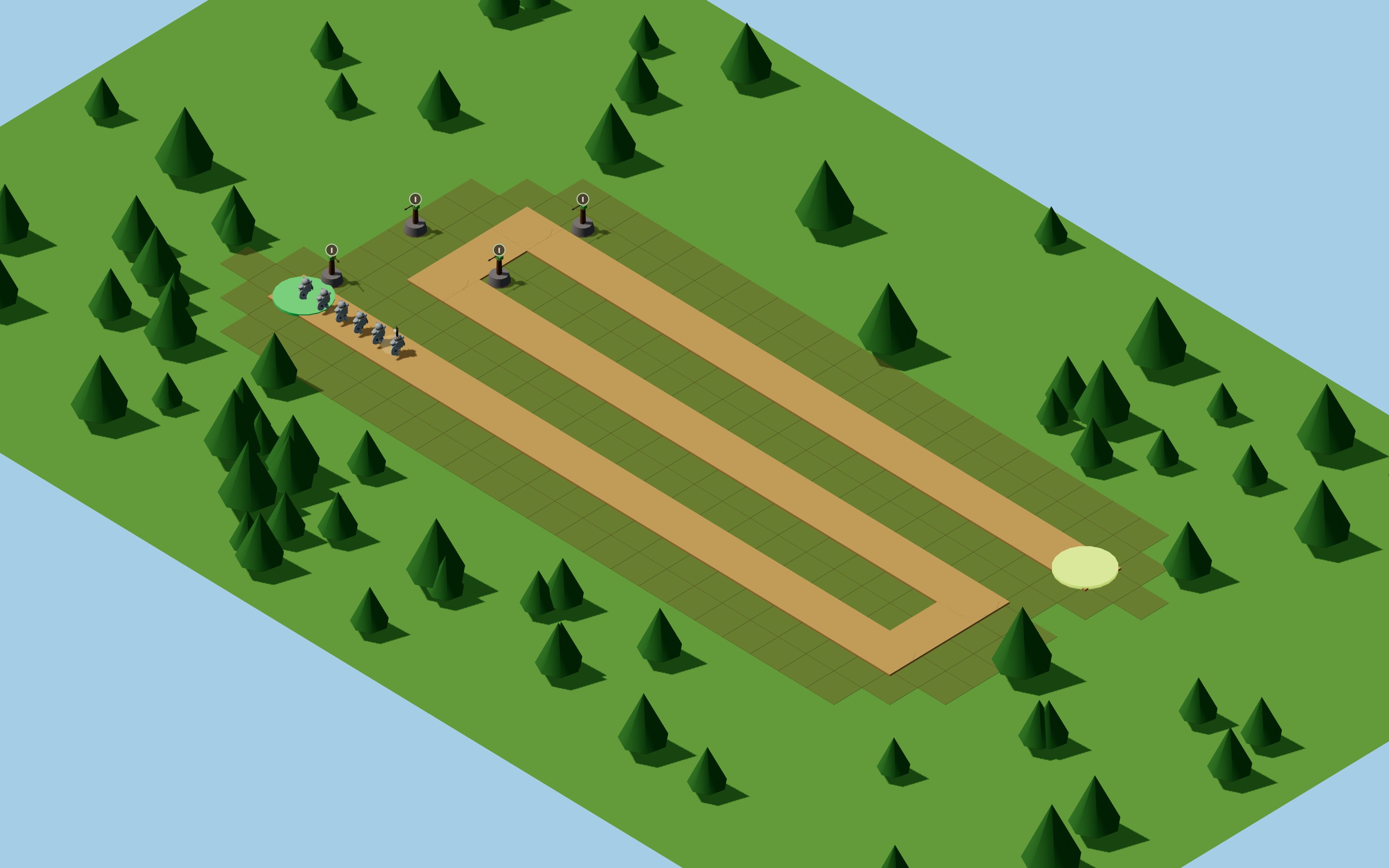 A forest battlefield: a winding dirt lane through pine woods