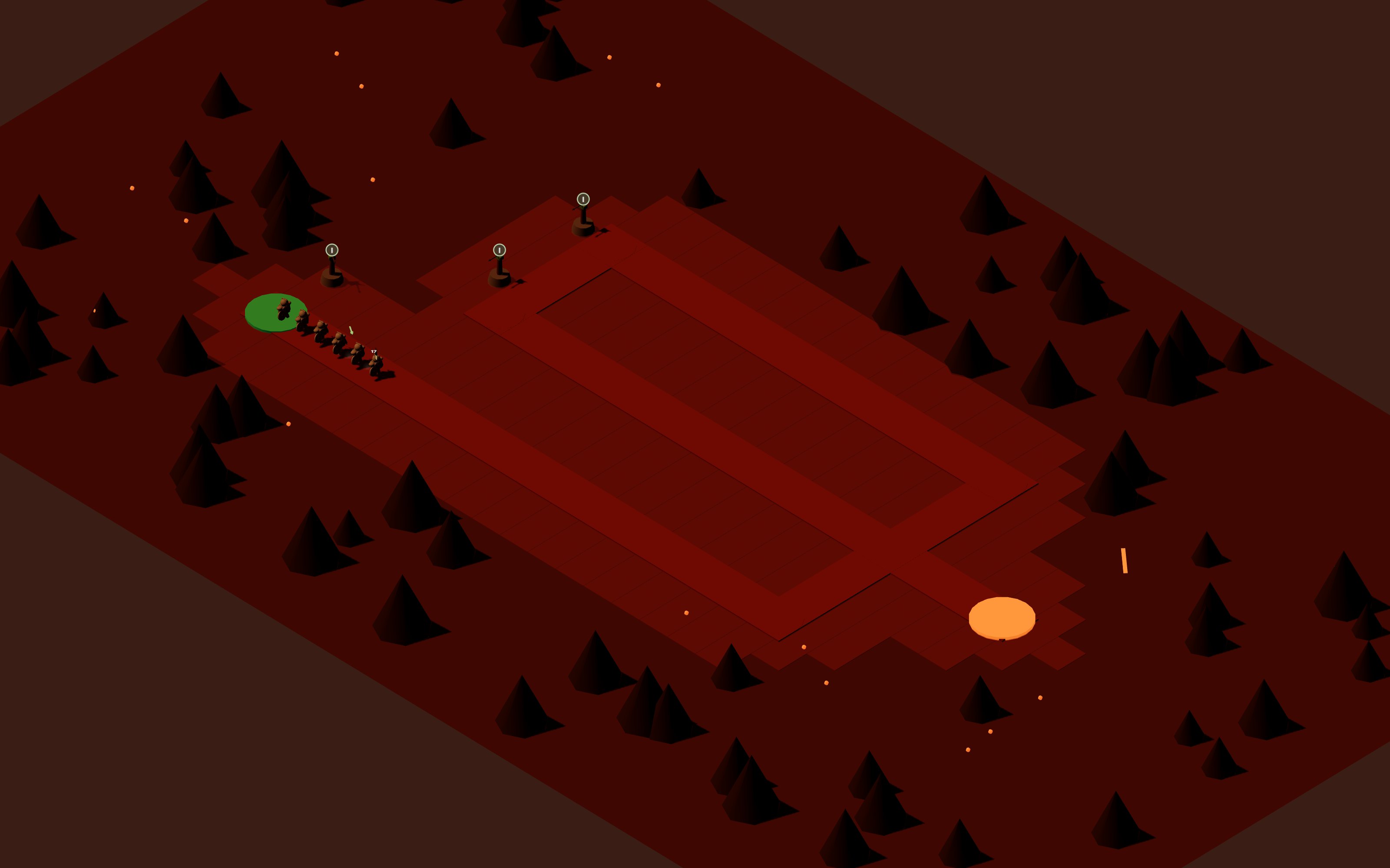 A volcanic battlefield: a glowing lava lane through a dark canyon