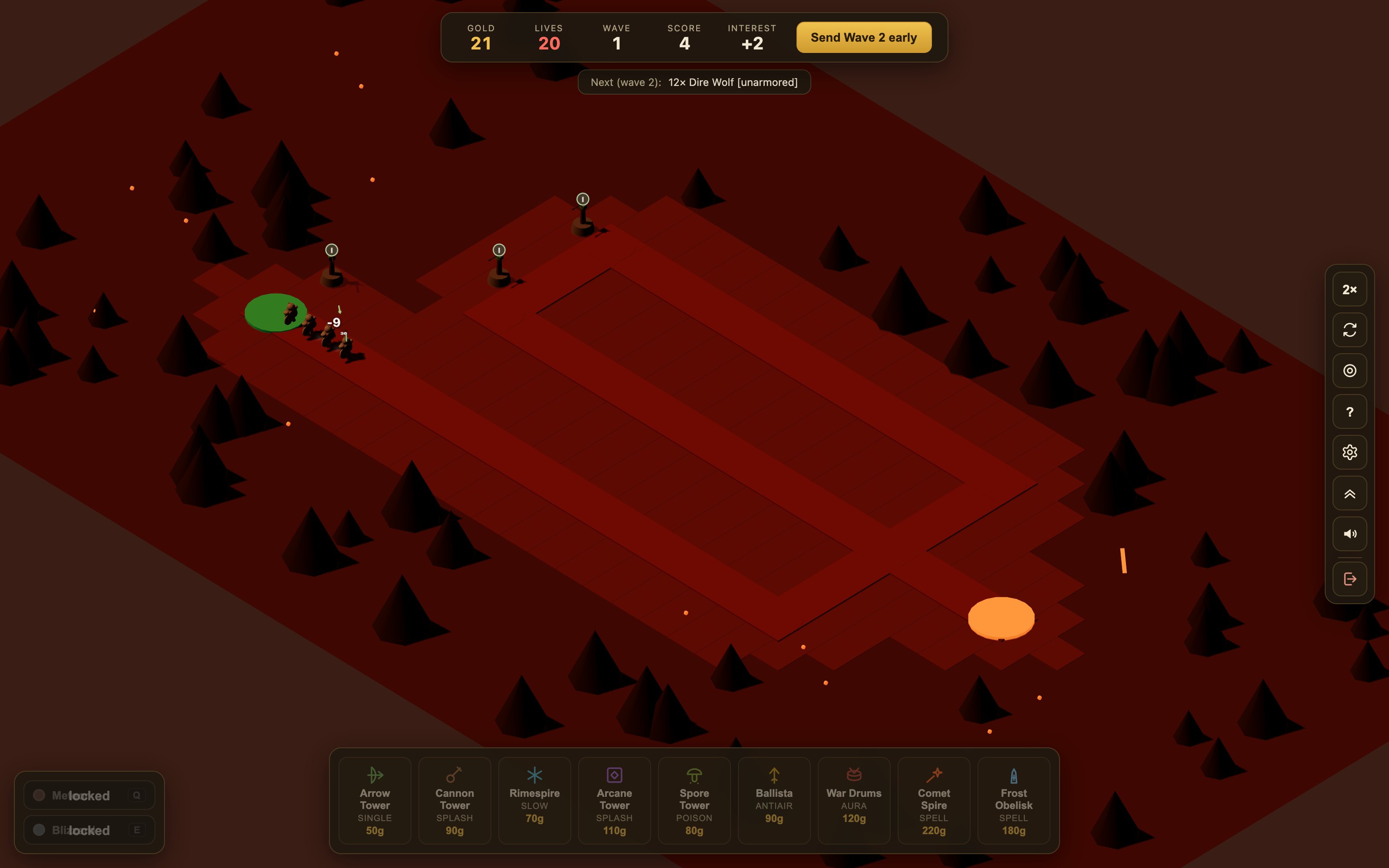 Haver TD gameplay — arrow towers defending a glowing volcanic lane against a marching horde